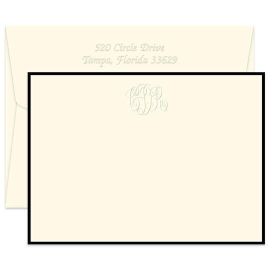 Triple Thick Monogram Bordered Flat Note Cards - Embossed